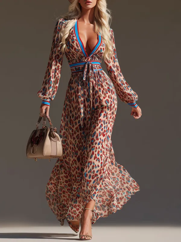 V-neck Color-blocked Leopard Print Chiffon Long-sleeved Maxi Dress sold by Oyrosy