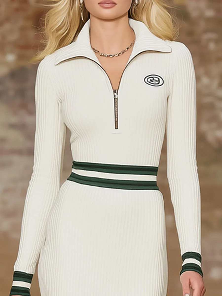 Color-blocked Trim Zipper Slit Knit Ribbed Midi Dress sold by Oyrosy product image thumbnail 2