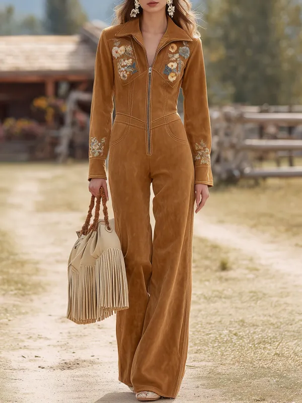Western Retro Camel Faux Suede Embroidered Long-Sleeved Wide-Leg Jumpsuit made by Oyrosy