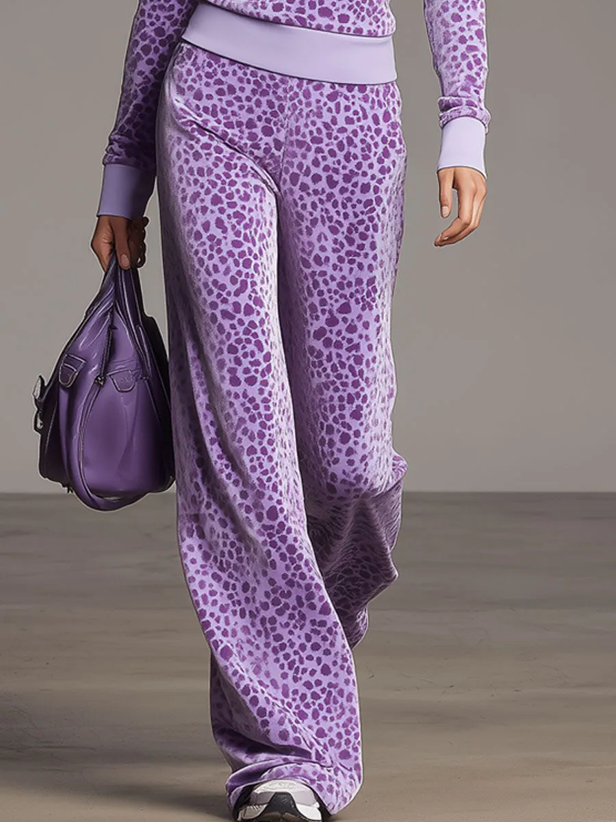 Sporty Retro Purple Leopard Print Velvet Half-Zip Sweatshirt And Wide-Leg Pants Set sold by Oyrosy product image thumbnail 4