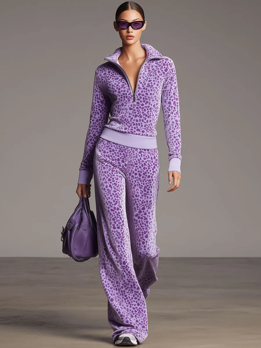 Sporty Retro Purple Leopard Print Velvet Half-Zip Sweatshirt And Wide-Leg Pants Set sold by Oyrosy product image thumbnail 2
