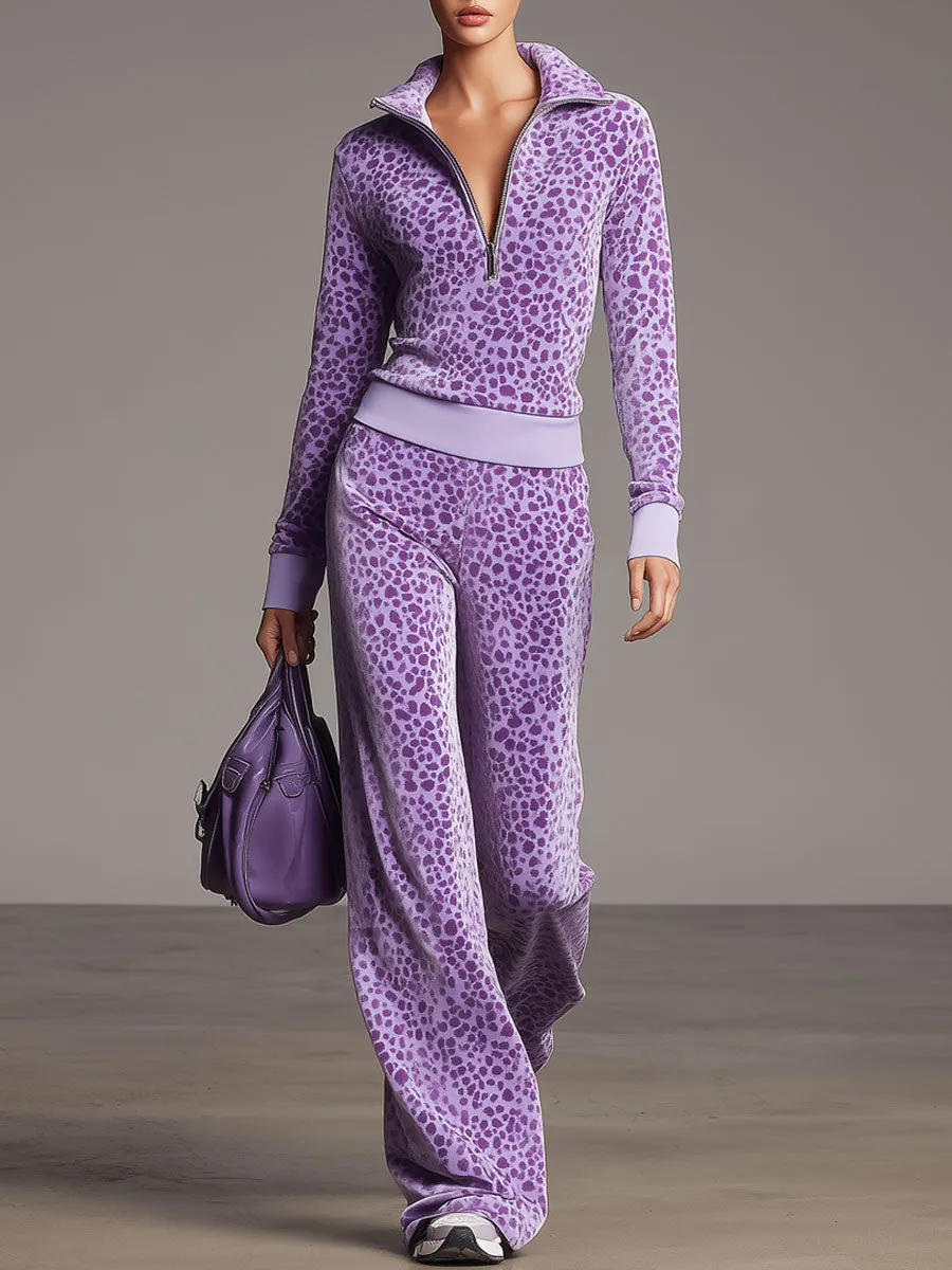Sporty Retro Purple Leopard Print Velvet Half-Zip Sweatshirt And Wide-Leg Pants Set sold by Oyrosy