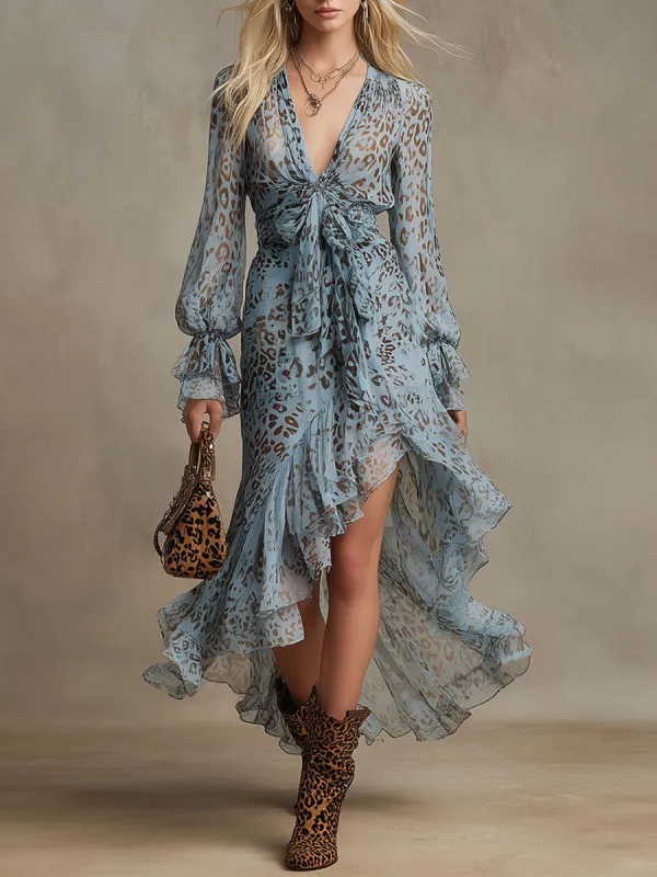 Stylish Retro Leopard Print Light Blue V-neck Chiffon Midi Dress sold by Oyrosy