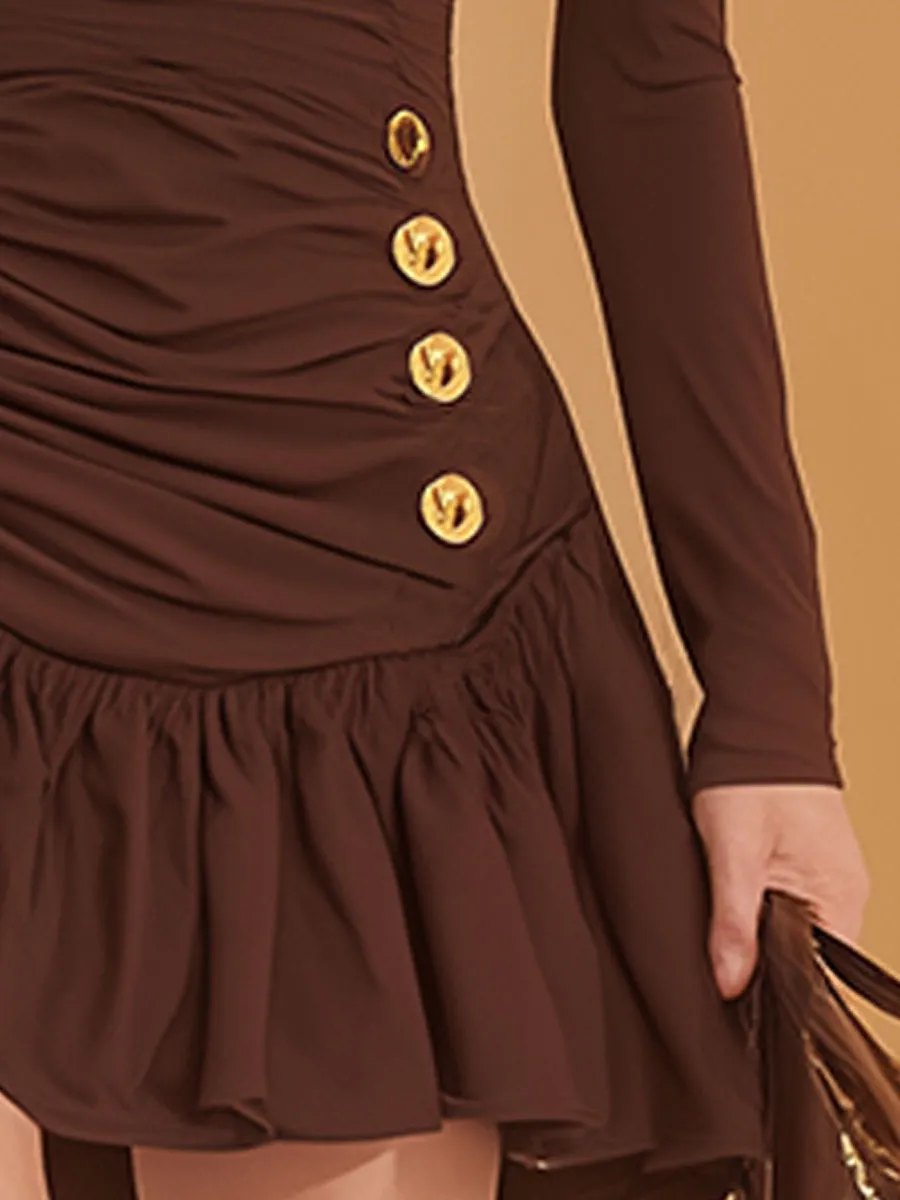 Stylish Retro Button-embellished Brown High-neck Cotton Mini Dress sold by Oyrosy product image thumbnail 3
