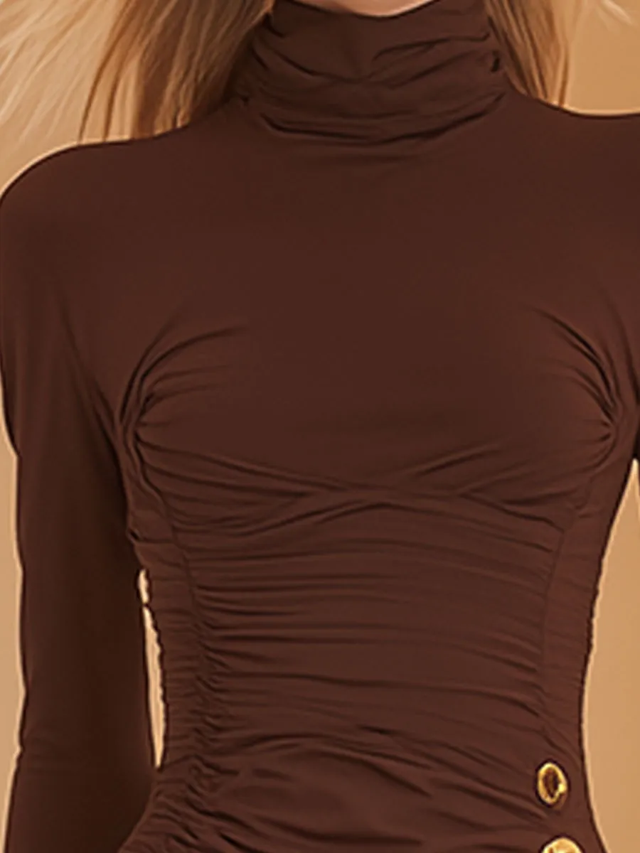 Stylish Retro Button-embellished Brown High-neck Cotton Mini Dress sold by Oyrosy product image thumbnail 4