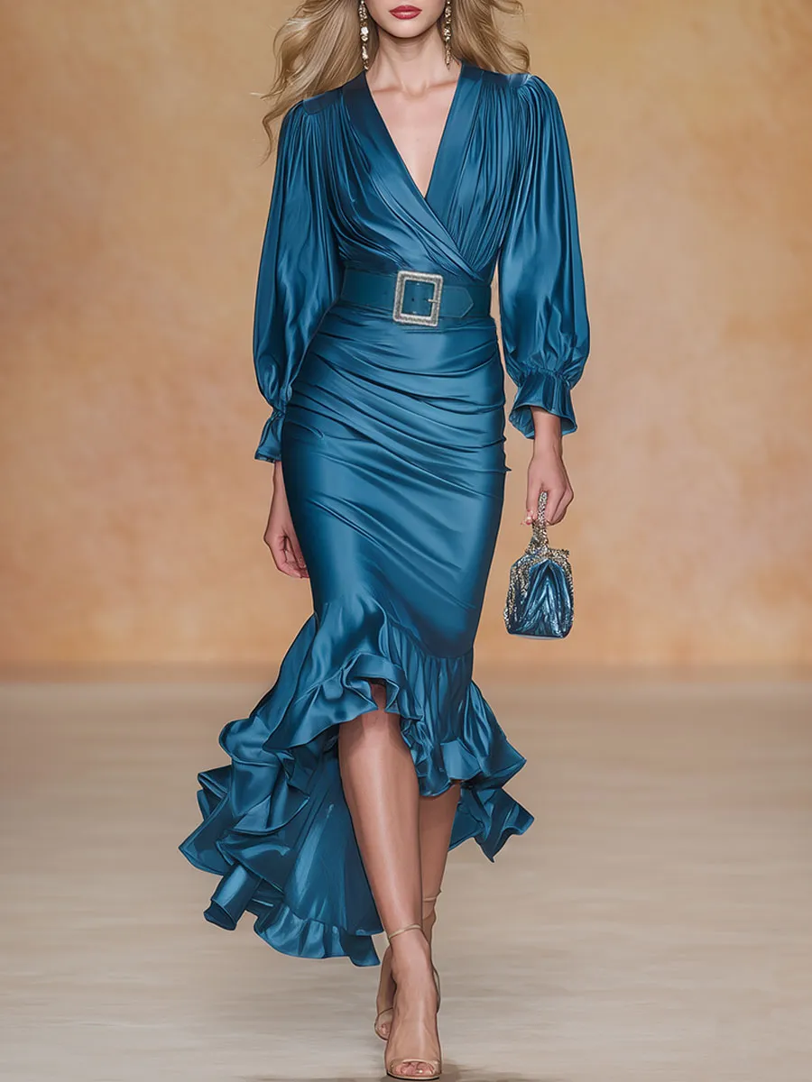 Elegant And Sophisticated Blue Satin Midi Dress sold by Oyrosy