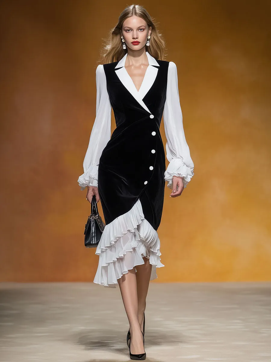 Stylish And Elegant White Chiffon And Black Velvet Mid-length Dress. sold by Oyrosy product image thumbnail 2