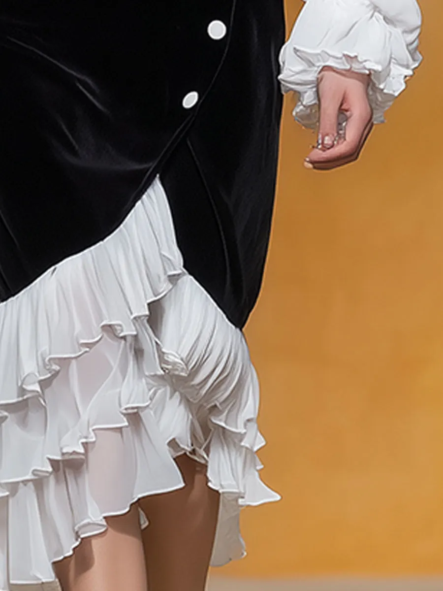 Stylish And Elegant White Chiffon And Black Velvet Mid-length Dress. sold by Oyrosy product image thumbnail 4