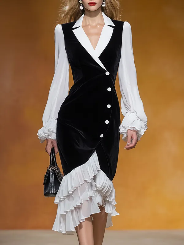 Stylish And Elegant White Chiffon And Black Velvet Mid-length Dress. made by Oyrosy