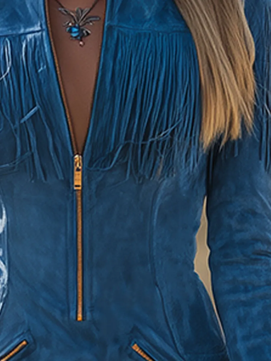 Retro Western Style Zippered Collar Blue Fringed Faux Suede Mini Dress sold by Oyrosy product image thumbnail 3