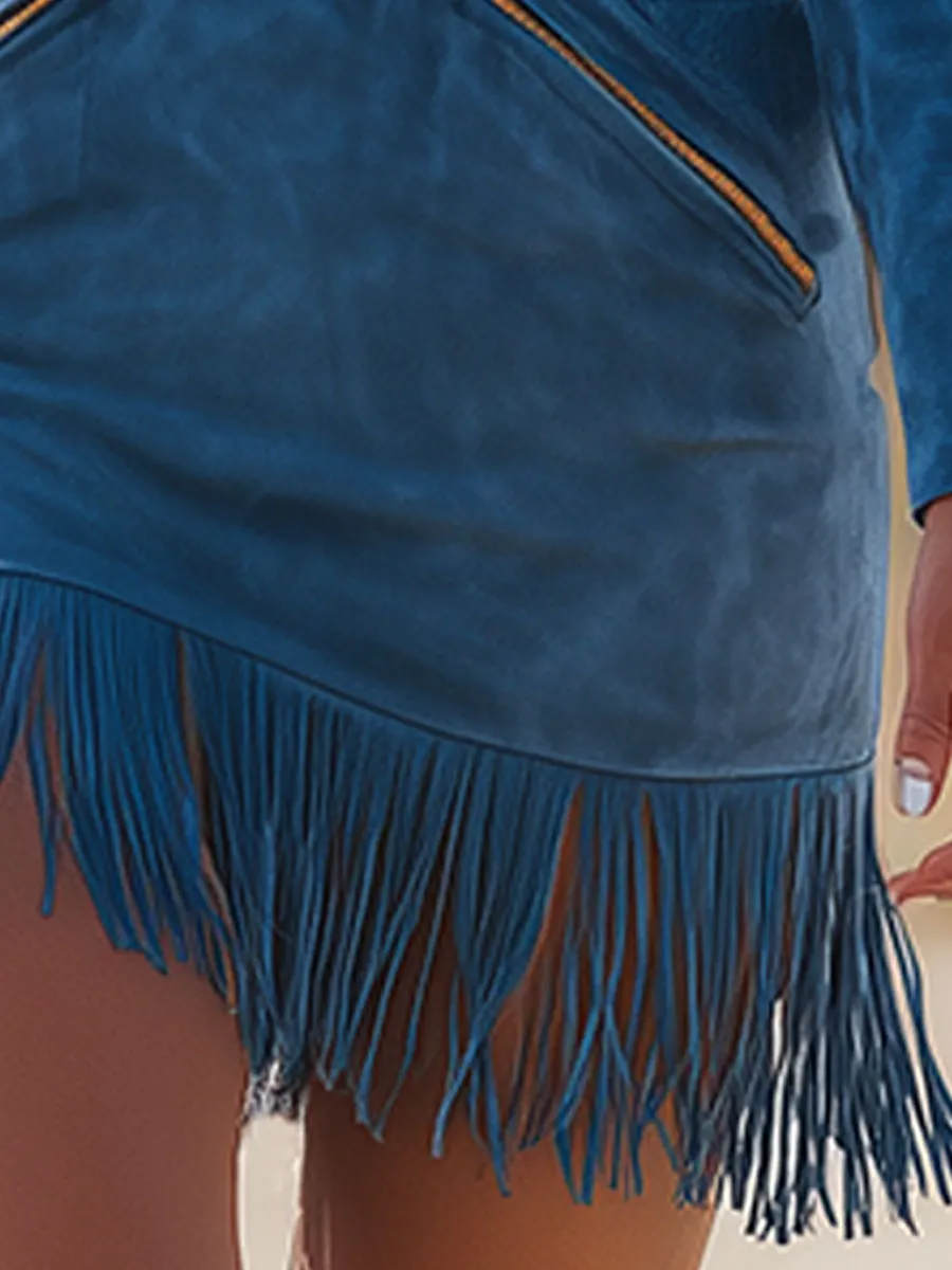 Retro Western Style Zippered Collar Blue Fringed Faux Suede Mini Dress sold by Oyrosy product image thumbnail 4