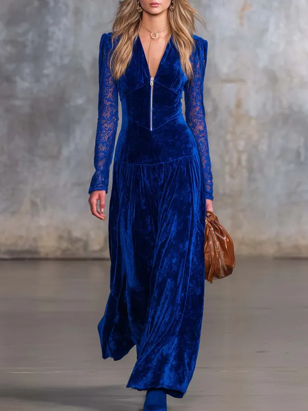 Elegant Retro V-neck Front Zipper Lace Long-sleeved Royal Blue Velvet Maxi Dress sold by Oyrosy