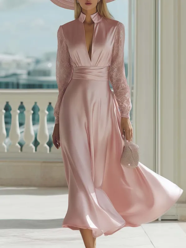 Elegant Retro V-neck Lace Long-sleeved Light Pink Satin Maxi Dress sold by Oyrosy