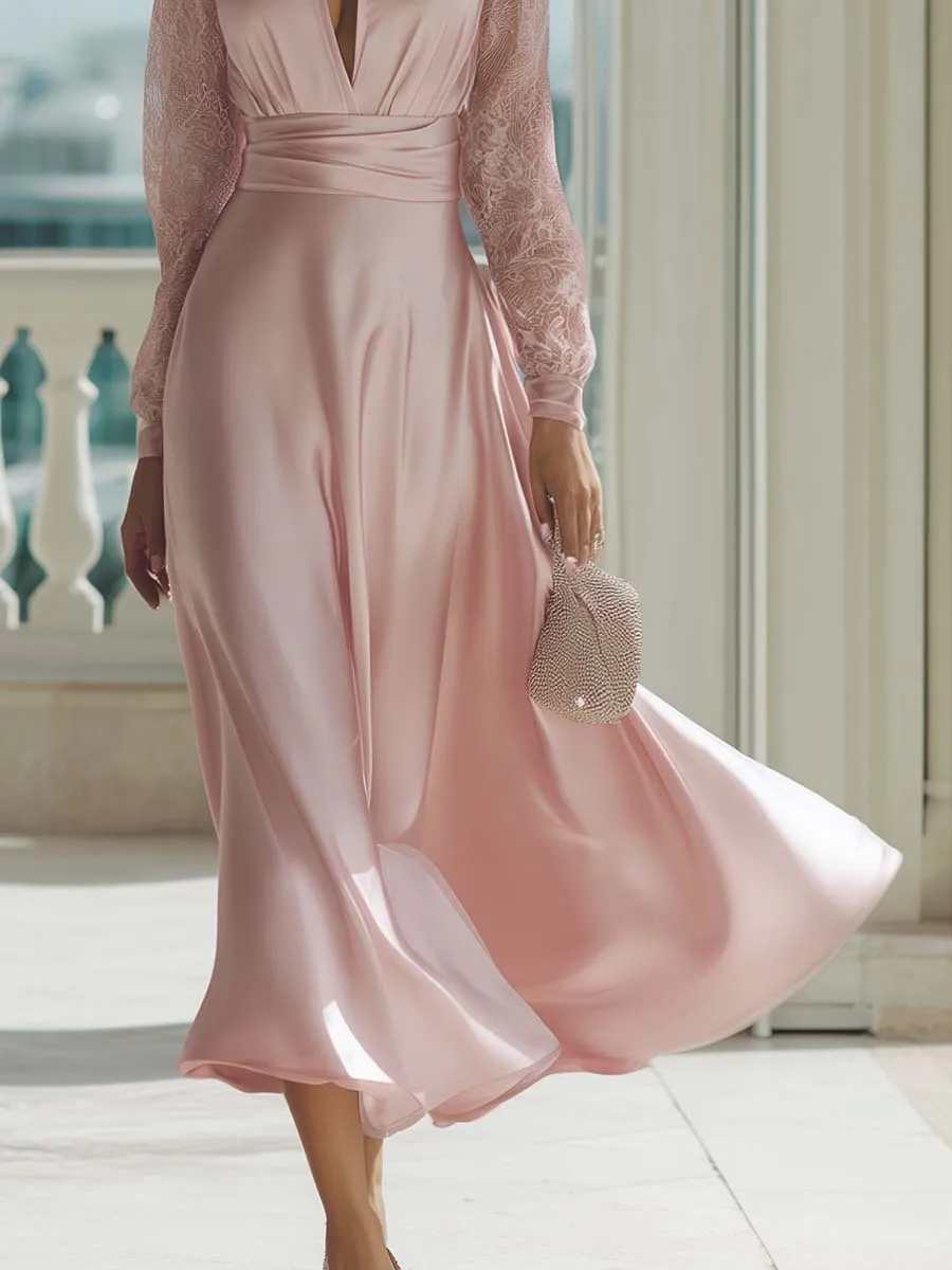 Elegant Retro V-neck Lace Long-sleeved Light Pink Satin Maxi Dress sold by Oyrosy product image thumbnail 3