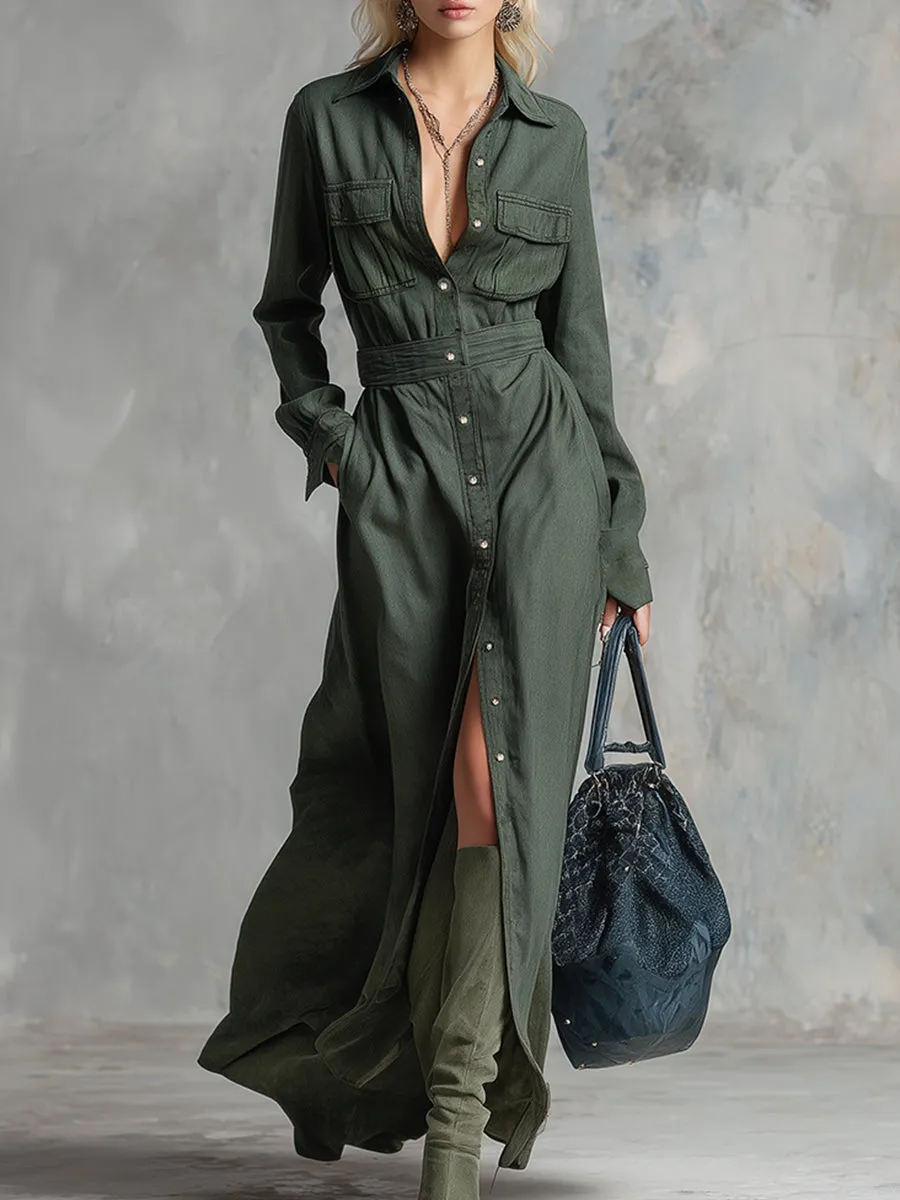 Retro-elegant Dark Green Lapel Button-down Maxi Dress sold by Oyrosy