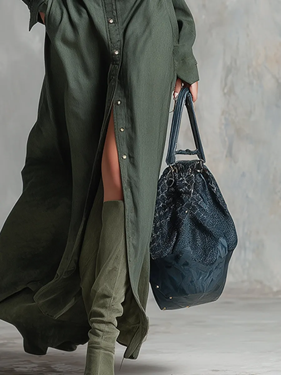 Retro-elegant Dark Green Lapel Button-down Maxi Dress sold by Oyrosy product image thumbnail 4