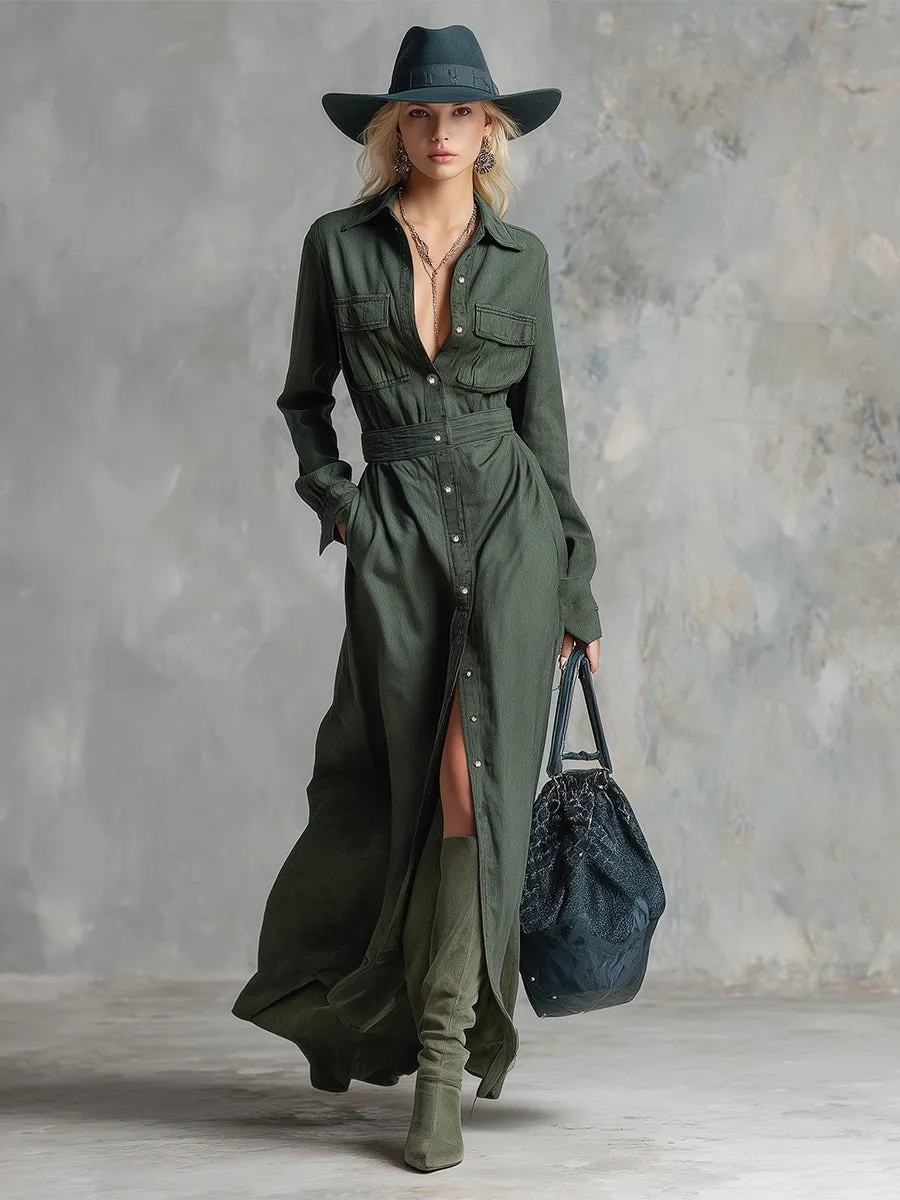 Retro-elegant Dark Green Lapel Button-down Maxi Dress sold by Oyrosy product image thumbnail 2