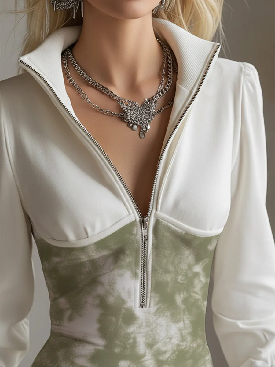 Elegant Sporty Green Tie-dye Half-zip Midi Dress sold by Oyrosy product image thumbnail 3