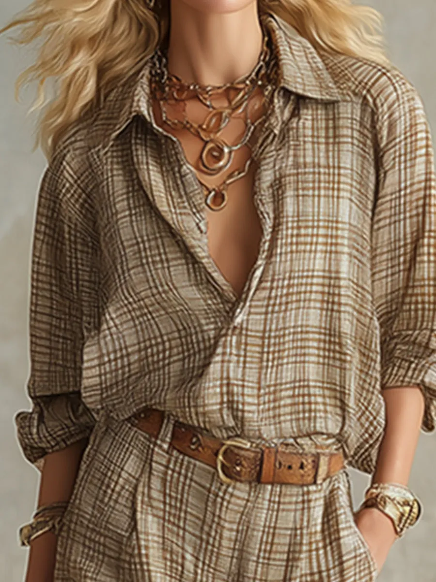 Elegant Vintage-style Khaki Plaid Blouse And Trouser Set sold by Oyrosy product image thumbnail 3