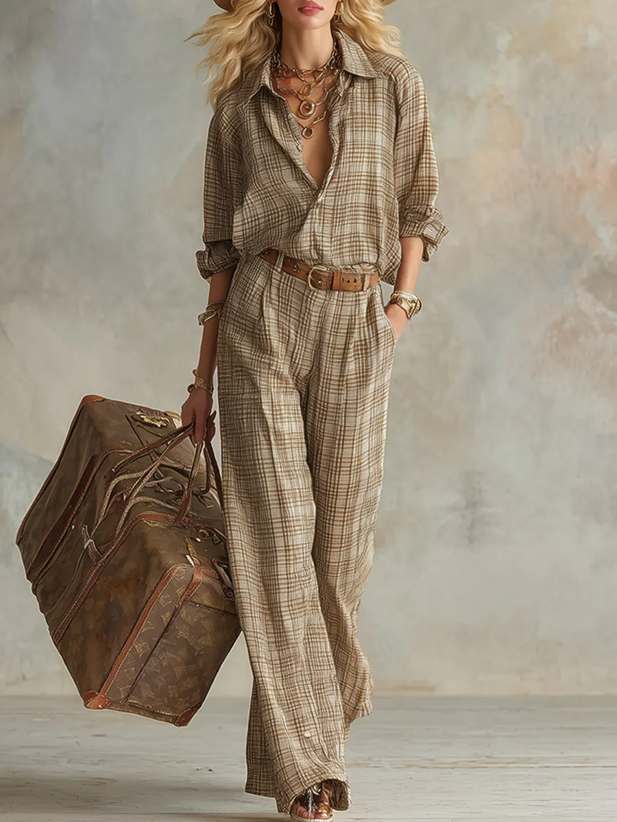 Elegant Vintage-style Khaki Plaid Blouse And Trouser Set sold by Oyrosy