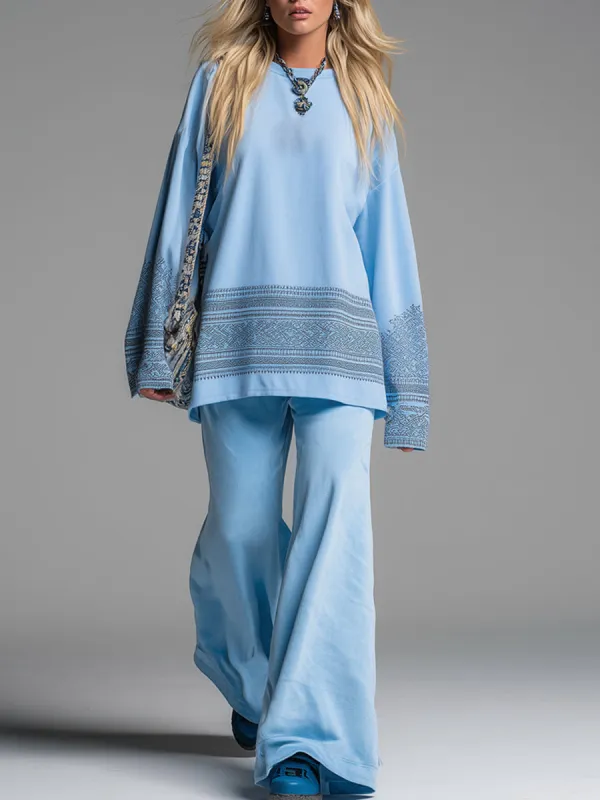 Casual And Lazy Sporty Printed Blue Sweatshirt And Wide-leg Pants Set sold by Oyrosy