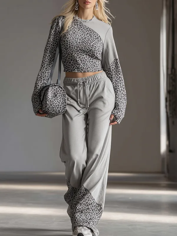 Trendy Casual Sporty Leopard Print Patchwork Gray Sweatshirt And Wide-Leg Pants Set sold by Oyrosy