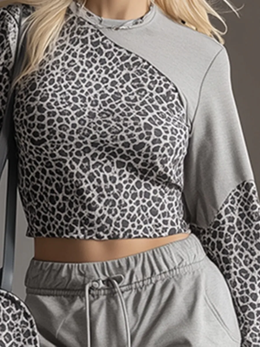 Trendy Casual Sporty Leopard Print Patchwork Gray Sweatshirt And Wide-Leg Pants Set sold by Oyrosy product image thumbnail 3