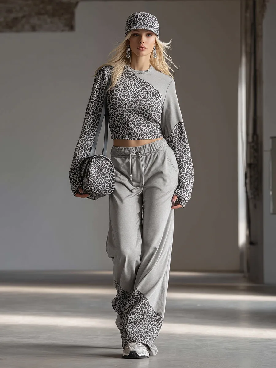 Trendy Casual Sporty Leopard Print Patchwork Gray Sweatshirt And Wide-Leg Pants Set sold by Oyrosy product image thumbnail 2