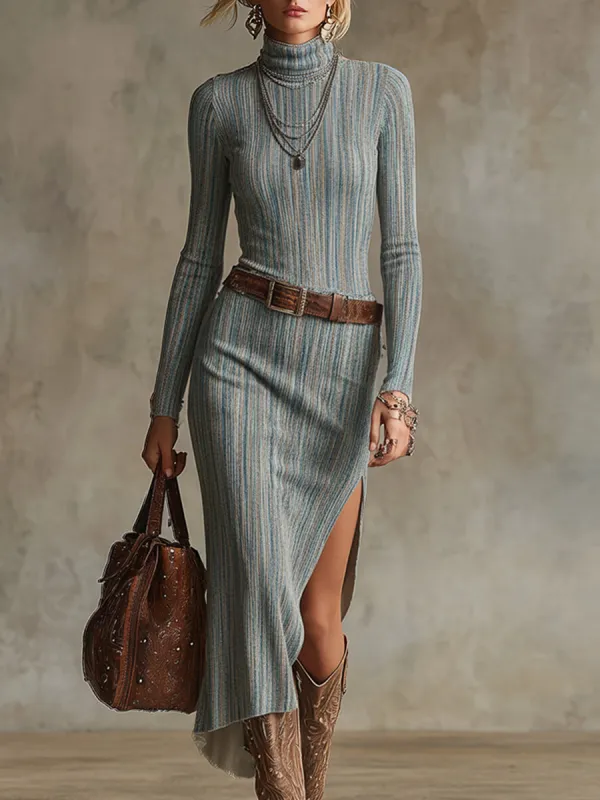 Trendy And Unique Blue Striped Denim Slit Midi Dress sold by Oyrosy