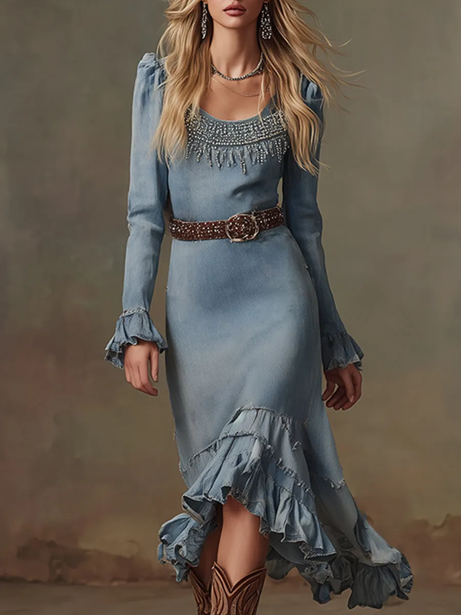 Elegant And Stylish Blue Denim Ruffled Rhinestone-trimmed Midi Dress sold by Oyrosy