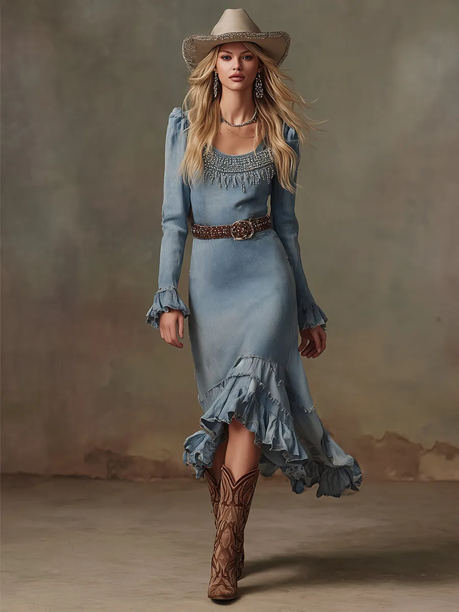 Elegant And Stylish Blue Denim Ruffled Rhinestone-trimmed Midi Dress sold by Oyrosy product image thumbnail 2