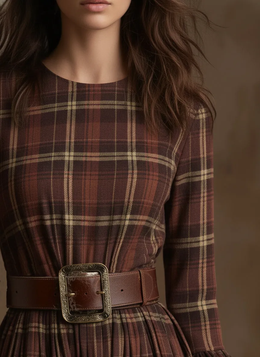 Elegant Retro Brown-red Plaid Flared Sleeve Midi Dress sold by Oyrosy product image thumbnail 3