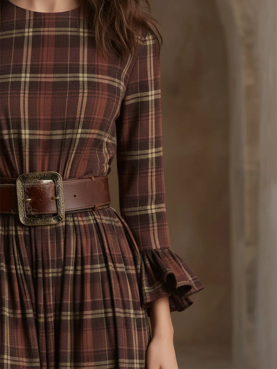 Elegant Retro Brown-red Plaid Flared Sleeve Midi Dress sold by Oyrosy product image thumbnail 4