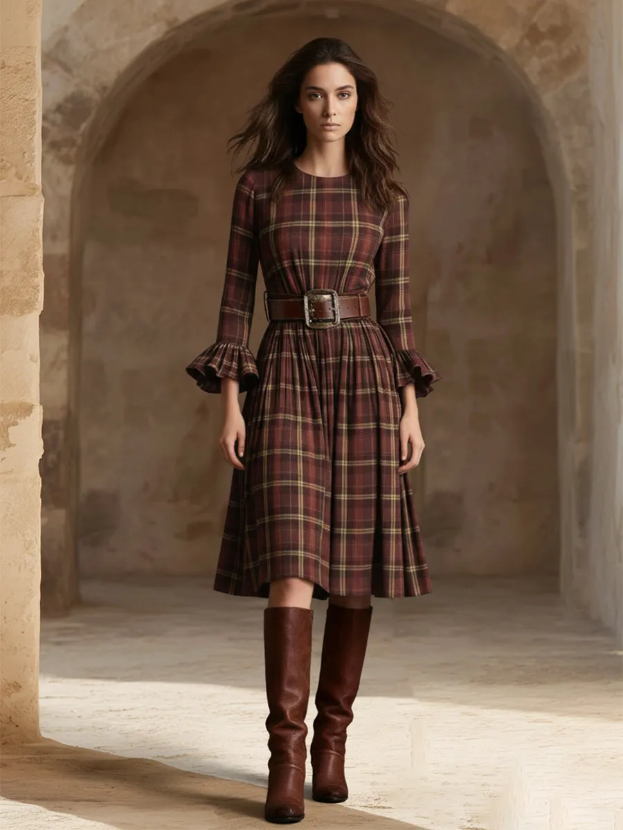 Elegant Retro Brown-red Plaid Flared Sleeve Midi Dress sold by Oyrosy product image thumbnail 2