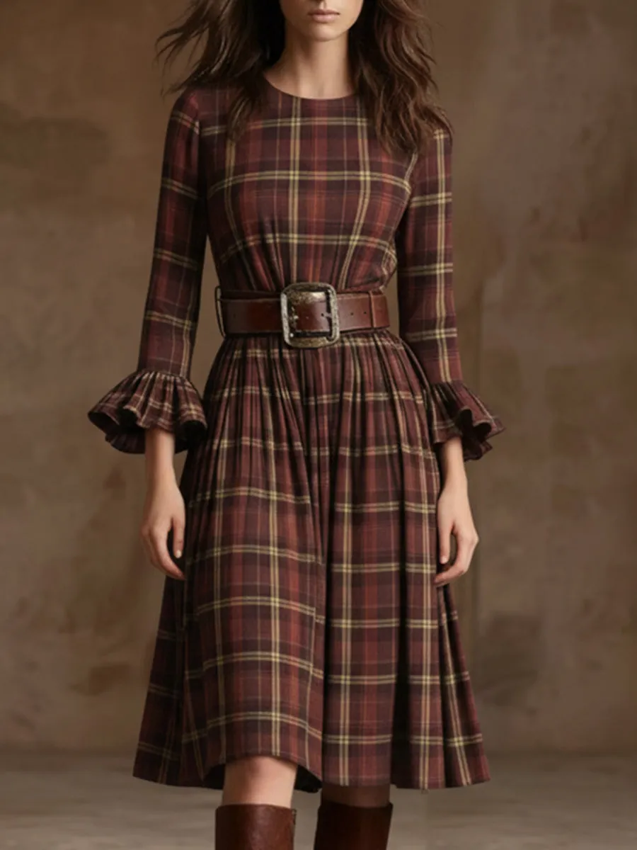 Elegant Retro Brown-red Plaid Flared Sleeve Midi Dress sold by Oyrosy