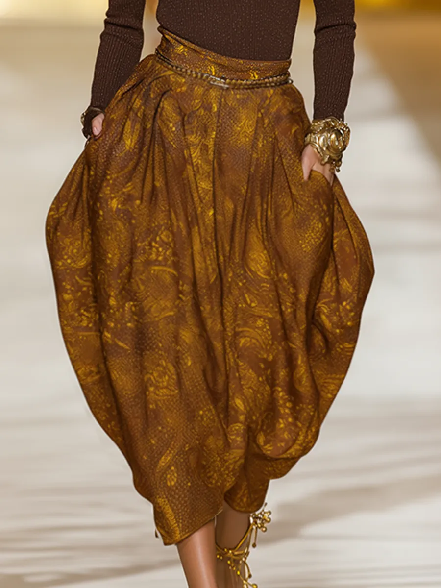 Retro Western Brown Off-Shoulder Long-Sleeve Shimmering Top And Floral Print Tulip Skirt Set sold by Oyrosy product image thumbnail 4