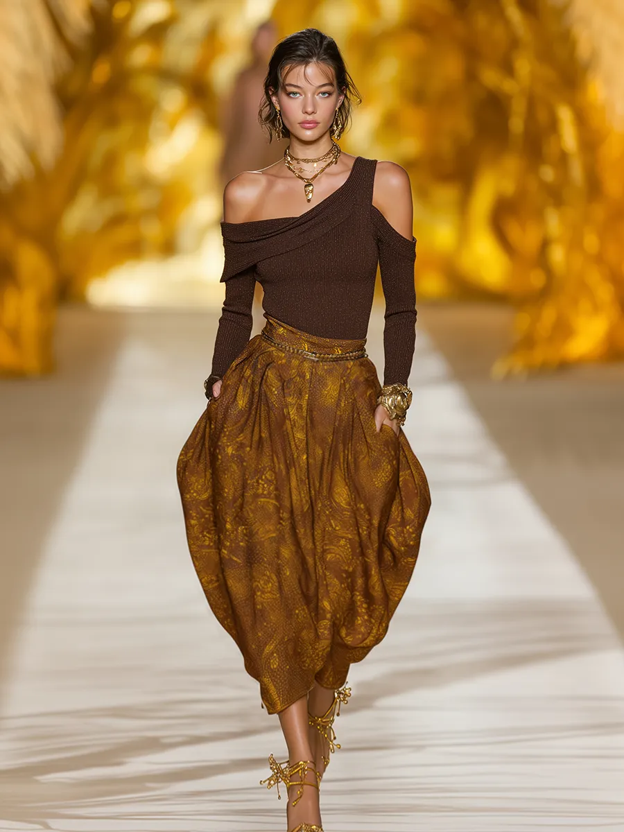 Retro Western Brown Off-Shoulder Long-Sleeve Shimmering Top And Floral Print Tulip Skirt Set sold by Oyrosy product image thumbnail 2