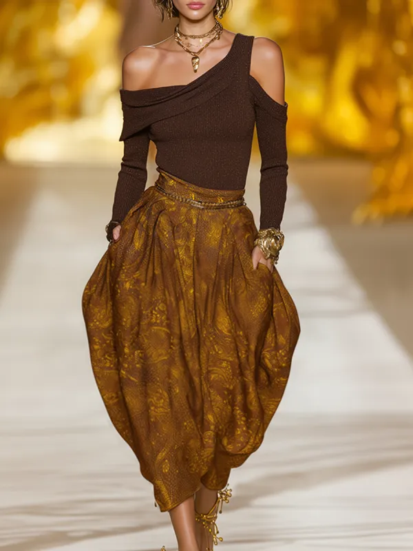 Retro Western Brown Off-Shoulder Long-Sleeve Shimmering Top And Floral Print Tulip Skirt Set sold by Oyrosy