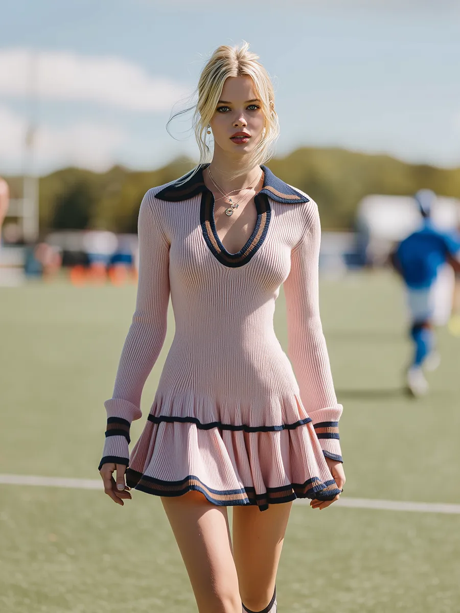 Elegant Sporty Flared Hem Pink Knit Mini Dress sold by Oyrosy product image thumbnail 2