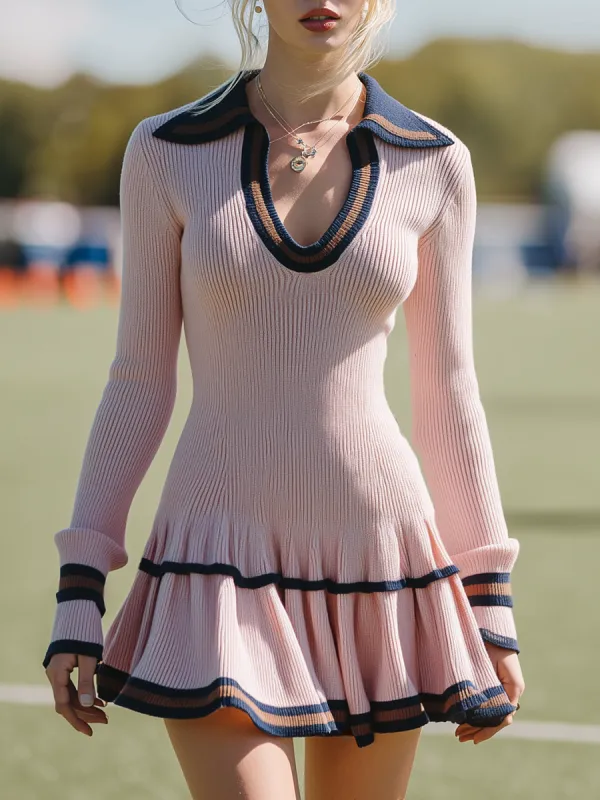 Elegant Sporty Flared Hem Pink Knit Mini Dress sold by Oyrosy