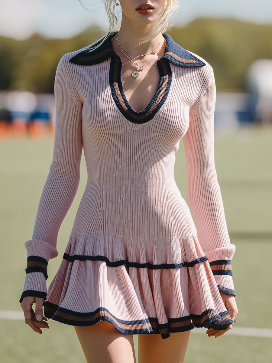 Elegant Sporty Flared Hem Pink Knit Mini Dress sold by Oyrosy