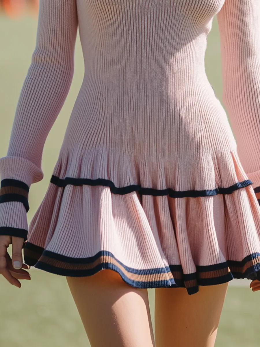 Elegant Sporty Flared Hem Pink Knit Mini Dress sold by Oyrosy product image thumbnail 4