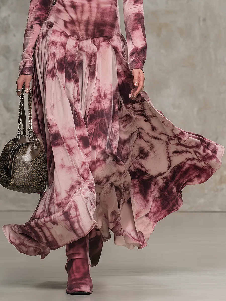 Retro Tie-dye Print High-neck Faux Suede Maxi Dress sold by Oyrosy product image thumbnail 4