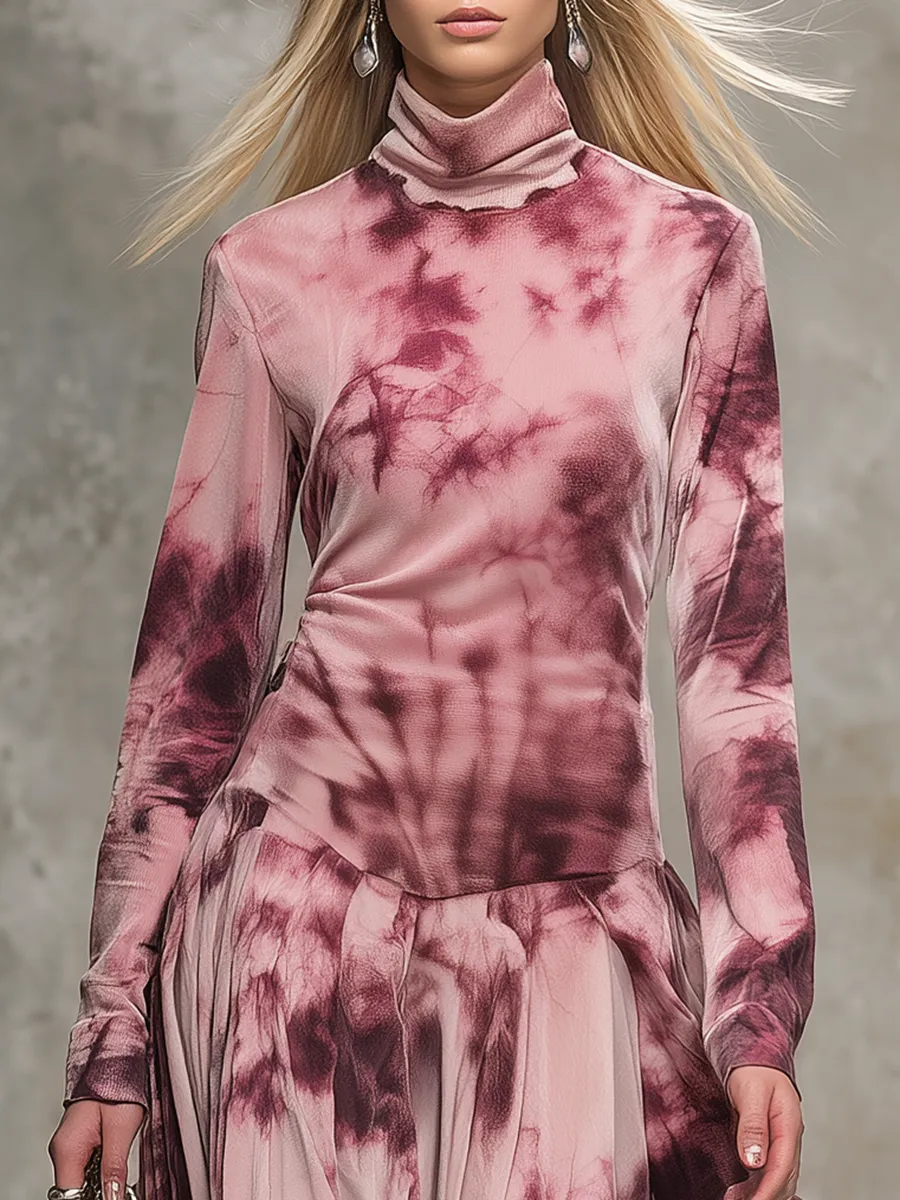 Retro Tie-dye Print High-neck Faux Suede Maxi Dress sold by Oyrosy product image thumbnail 3