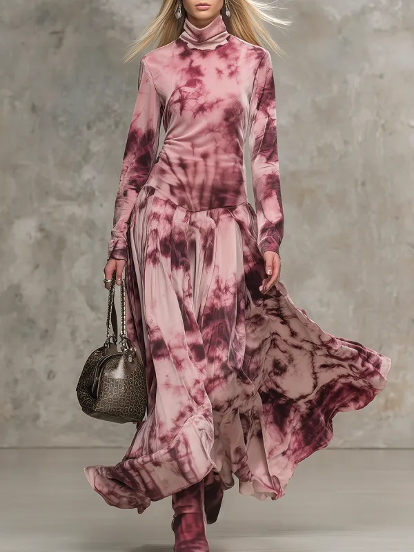 Retro Tie-dye Print High-neck Faux Suede Maxi Dress sold by Oyrosy