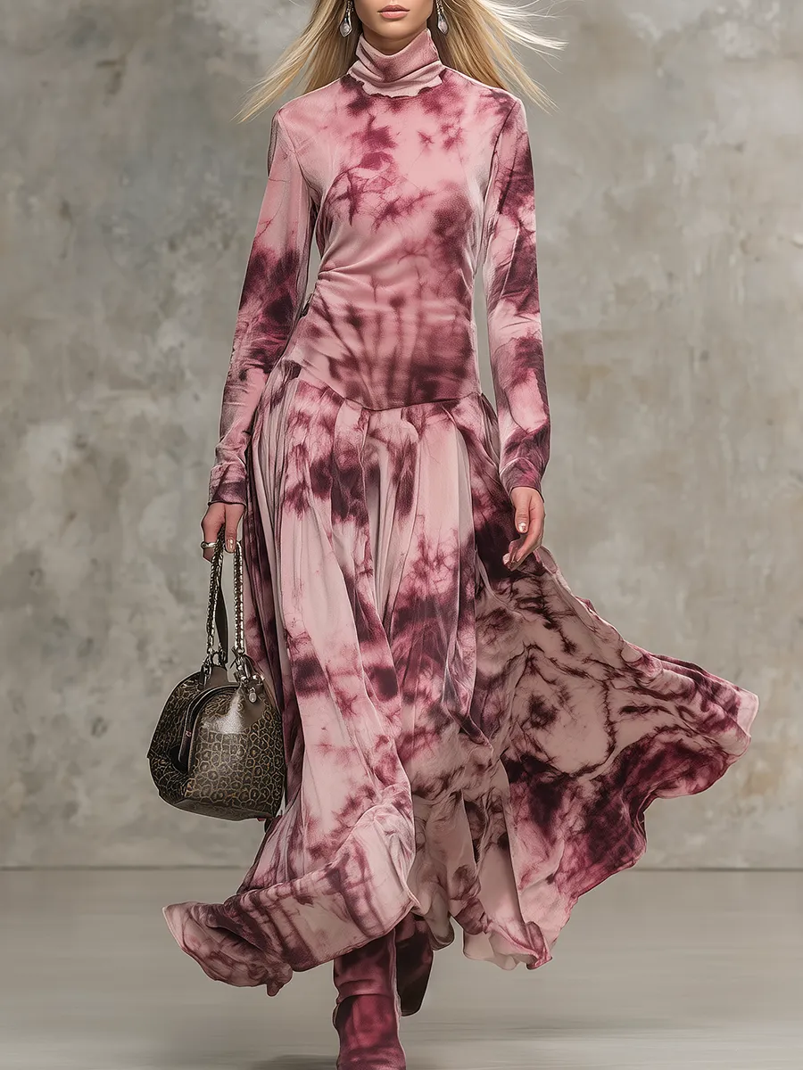 Retro Tie-dye Print High-neck Faux Suede Maxi Dress sold by Oyrosy