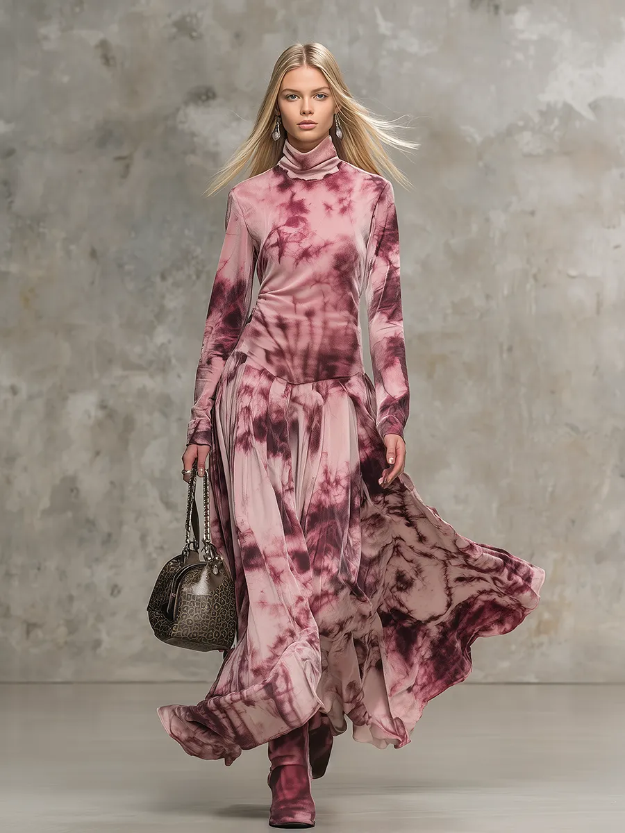 Retro Tie-dye Print High-neck Faux Suede Maxi Dress sold by Oyrosy product image thumbnail 2