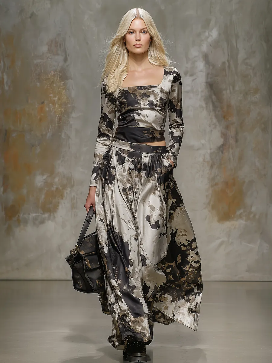 Stylish Splatter Print Square Neck Top And Skirt Set sold by Oyrosy product image thumbnail 2