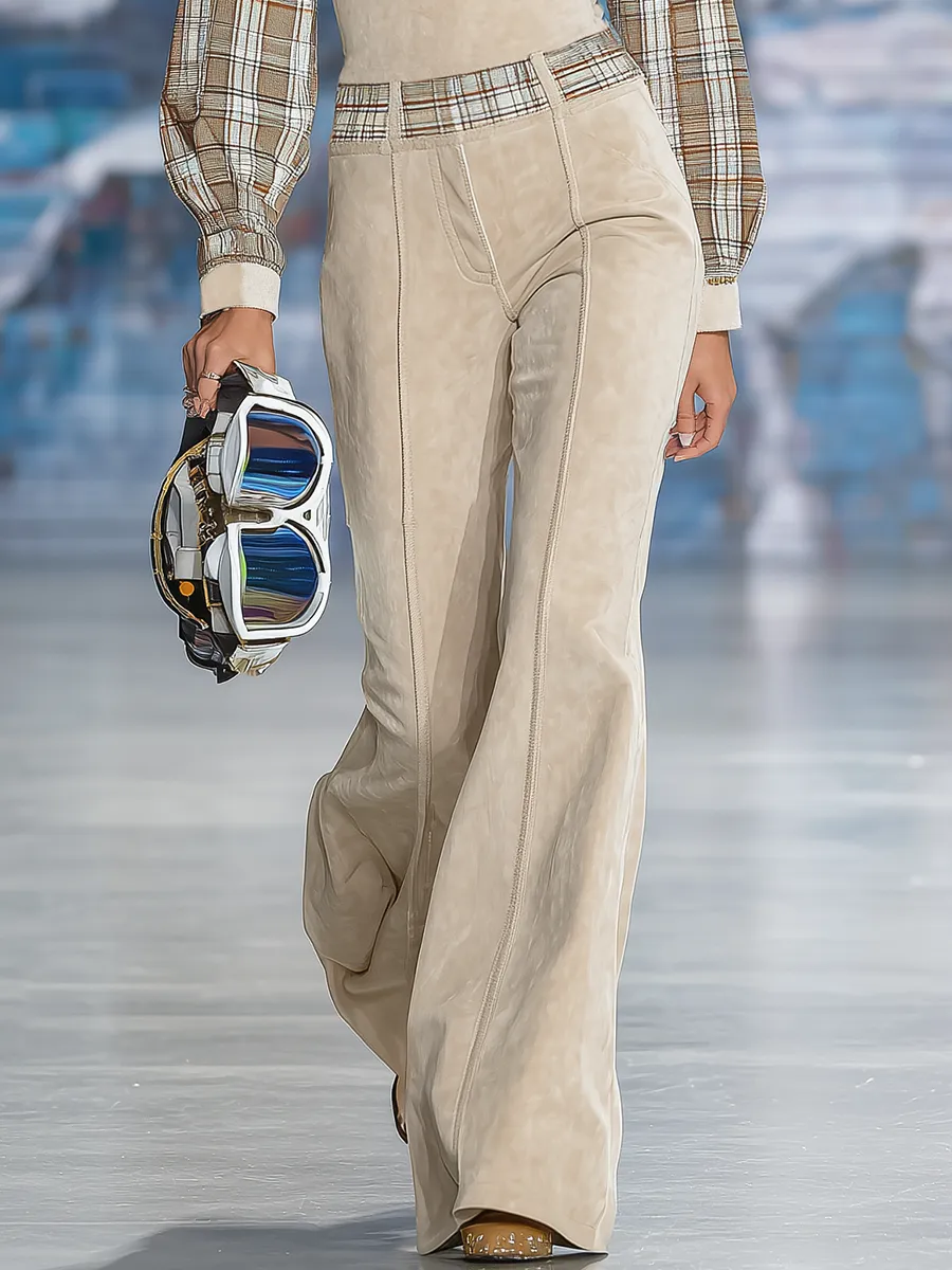 Elegant Plaid Patchwork Faux Suede Top And Flared Trousers Set sold by Oyrosy product image thumbnail 4