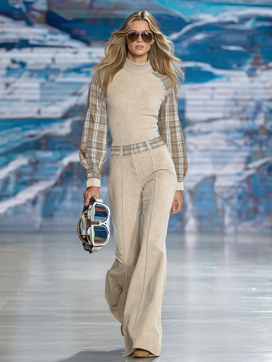 Elegant Plaid Patchwork Faux Suede Top And Flared Trousers Set sold by Oyrosy product image thumbnail 2